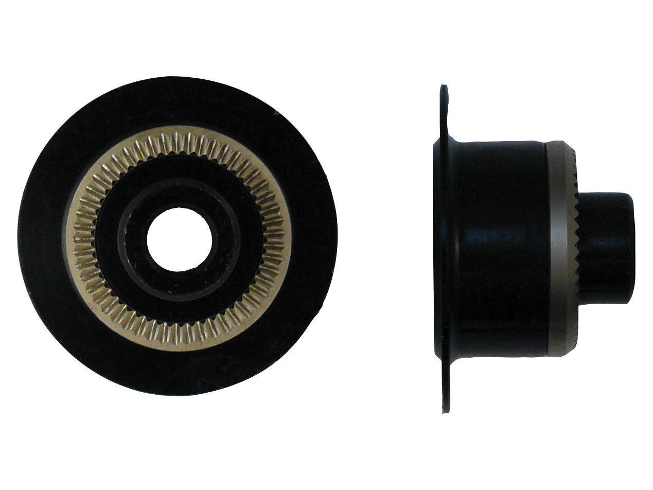 Black Bontrager DT240 5mm drive side axle end cap for 100mm OLD rear hub, replacement component, shown in close-up image.