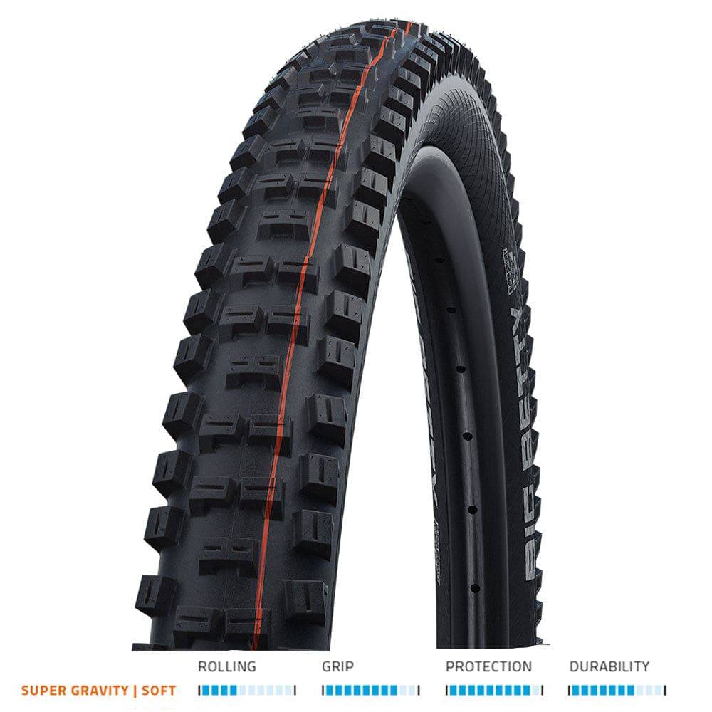 Schwalbe Big Betty Evo Super Gravity Addix Soft folding MTB tire for downhill and enduro e-bike riding, shown mounted on a bike wheel.