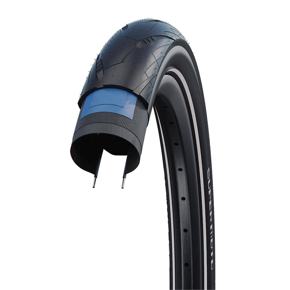 Schwalbe Super Moto Performance Raceguard e-bike tyre with ADDIX compound, showing tread pattern and sidewall branding.