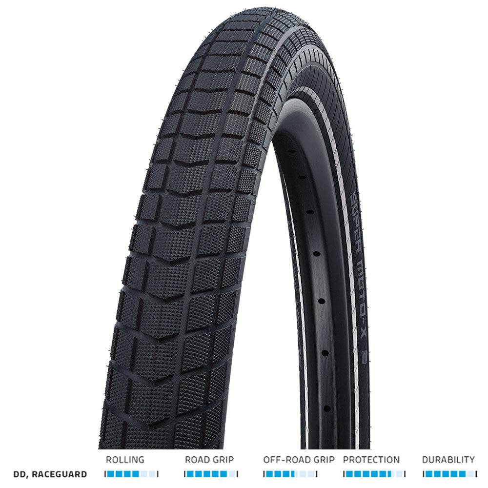 Schwalbe Super Moto-X E-Bike tyre with green guard puncture protection, showing tread and sidewall details.