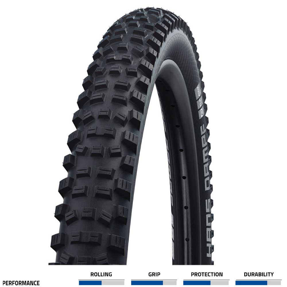 Schwalbe Hans Dampf Addix Twin Skin TLR tubeless-ready folding e-bike tyre showing tread pattern and sidewall details.