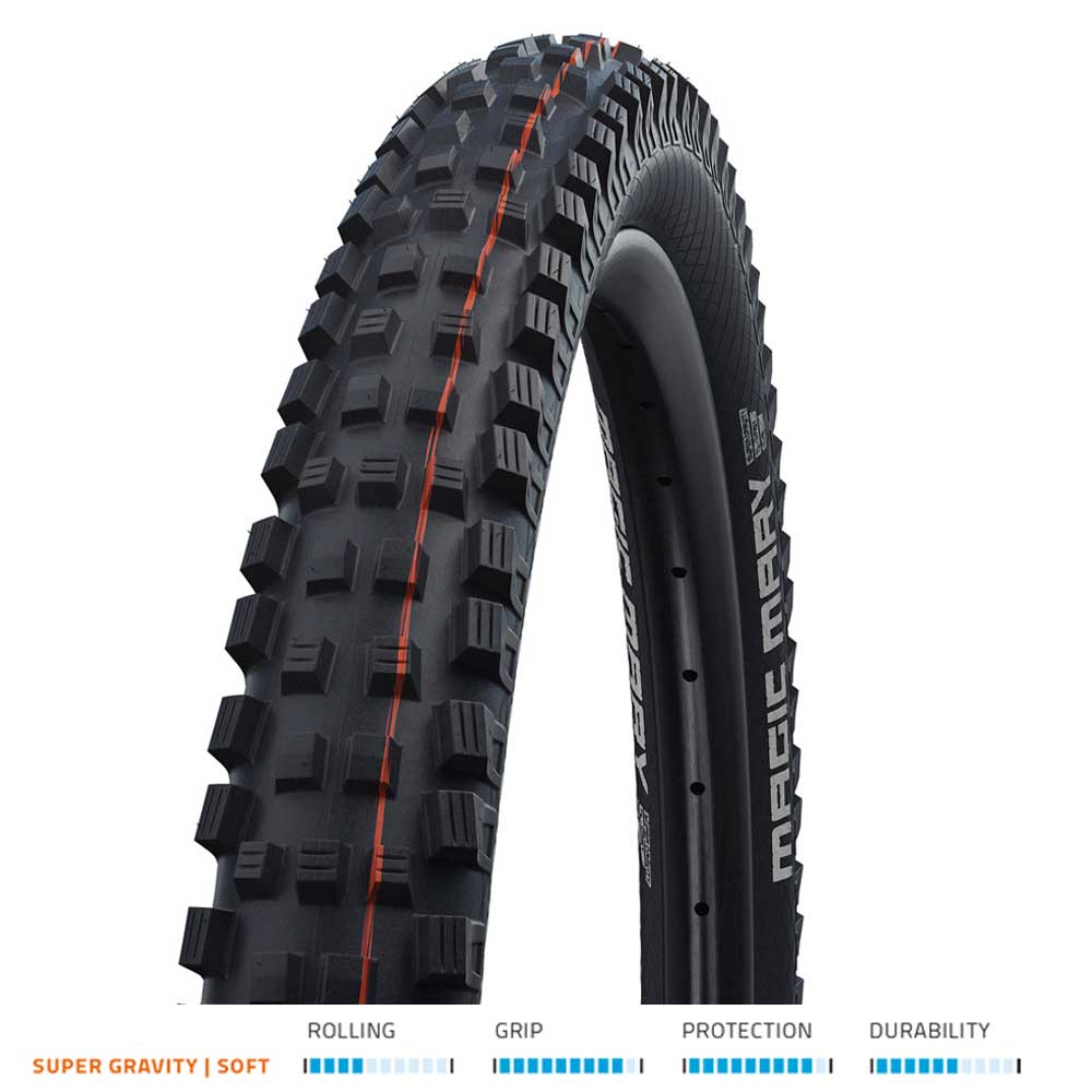 Schwalbe Magic Mary Super Gravity Addix Soft folding downhill and enduro mountain bike tire with tread pattern and sidewall details.