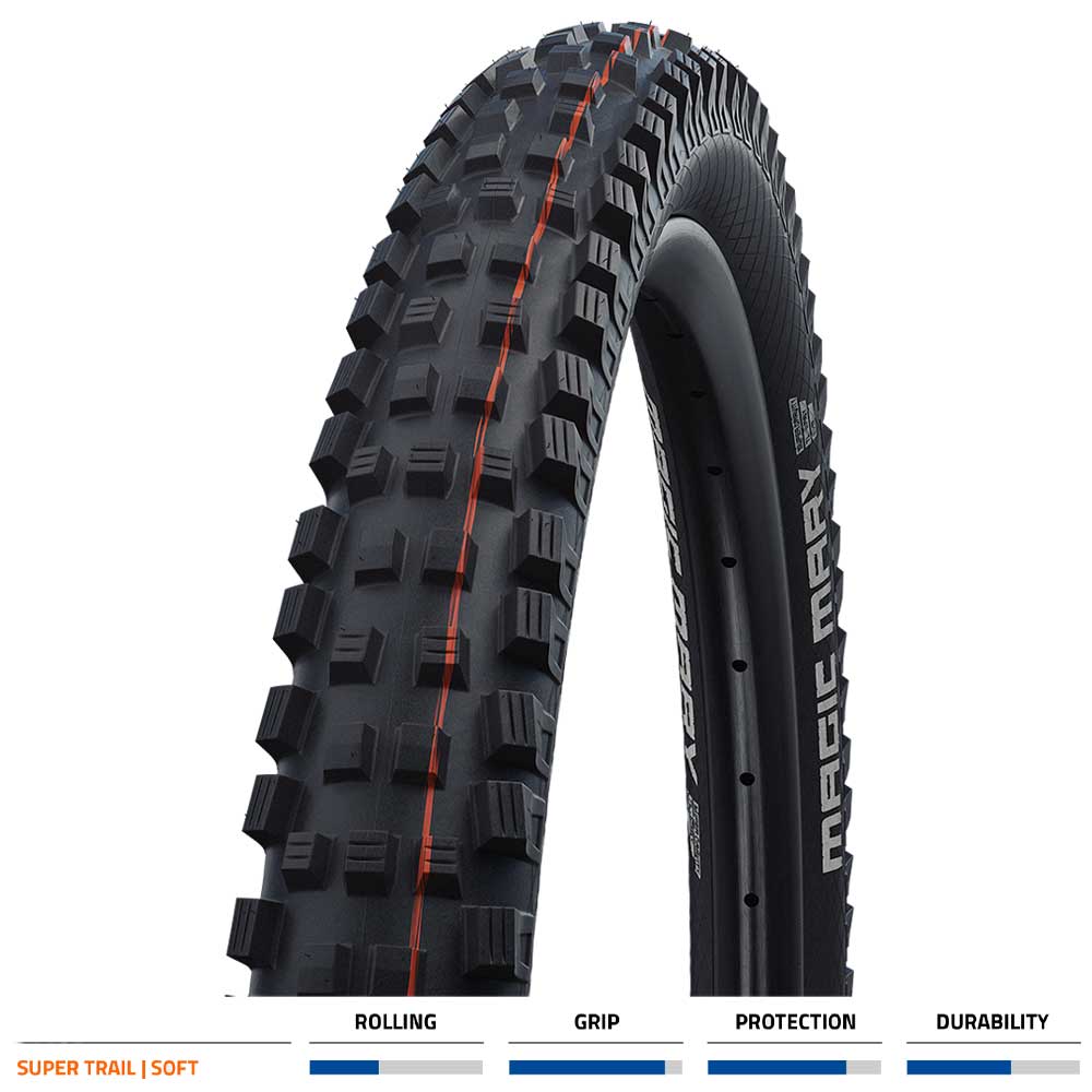 Schwalbe Magic Mary Snakeskin Soft Folding TLE downhill and enduro mountain bike tire with tread pattern and sidewall details.