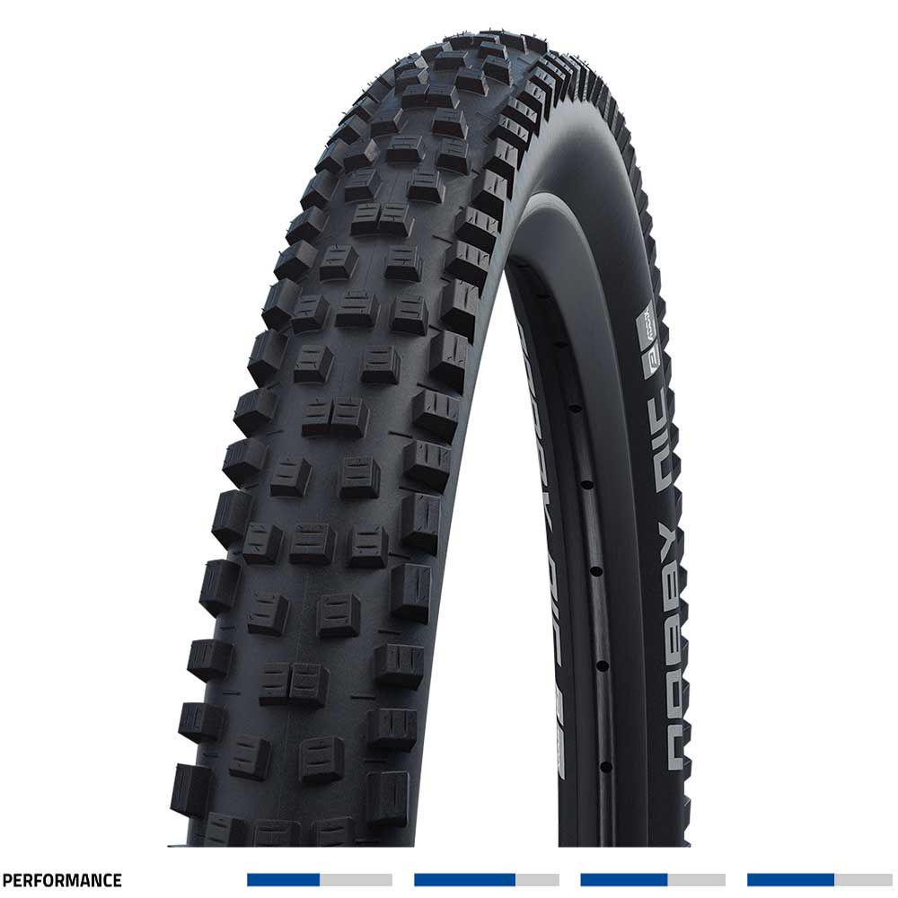 Schwalbe Nobby Nic Addix Performance Twinskin MTB E-Bike Ready tire with rugged tread and sidewall detailing for mountain biking.