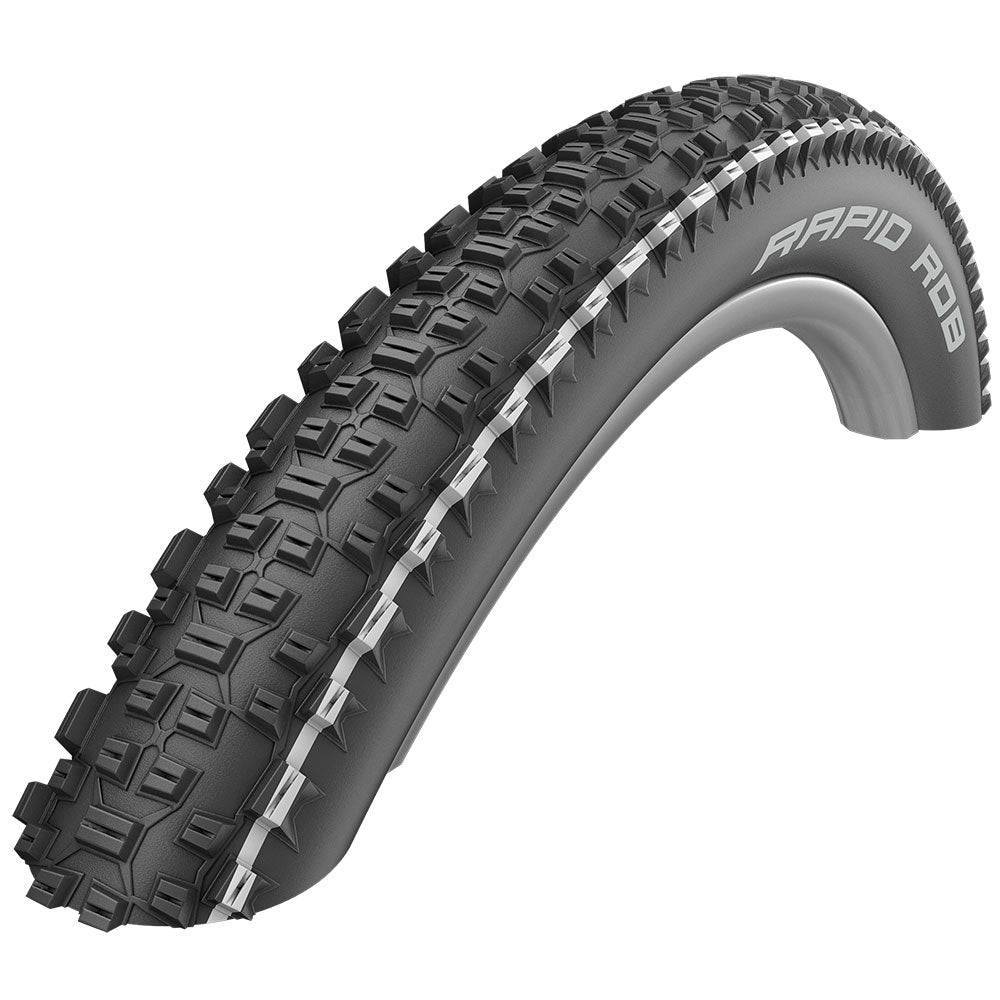 Schwalbe Rapid Rob K-Guard MTB tire with puncture-resistant tread for mountain biking and trail riding, shown in close-up.