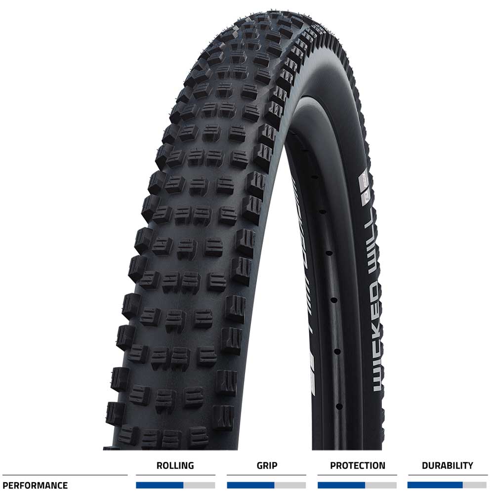 Schwalbe Wicked Will Addix Performance MTB tubeless-ready mountain bike tire with E-50 certification, showing tread pattern and sidewall.