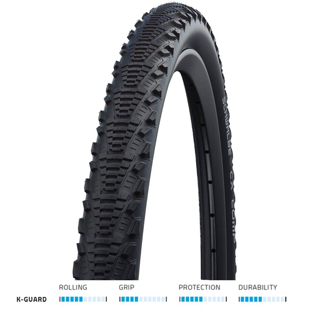 Schwalbe Cx Comp tyre with K-Guard puncture protection and LiteSkin sidewalls, designed for high-performance cycling components.