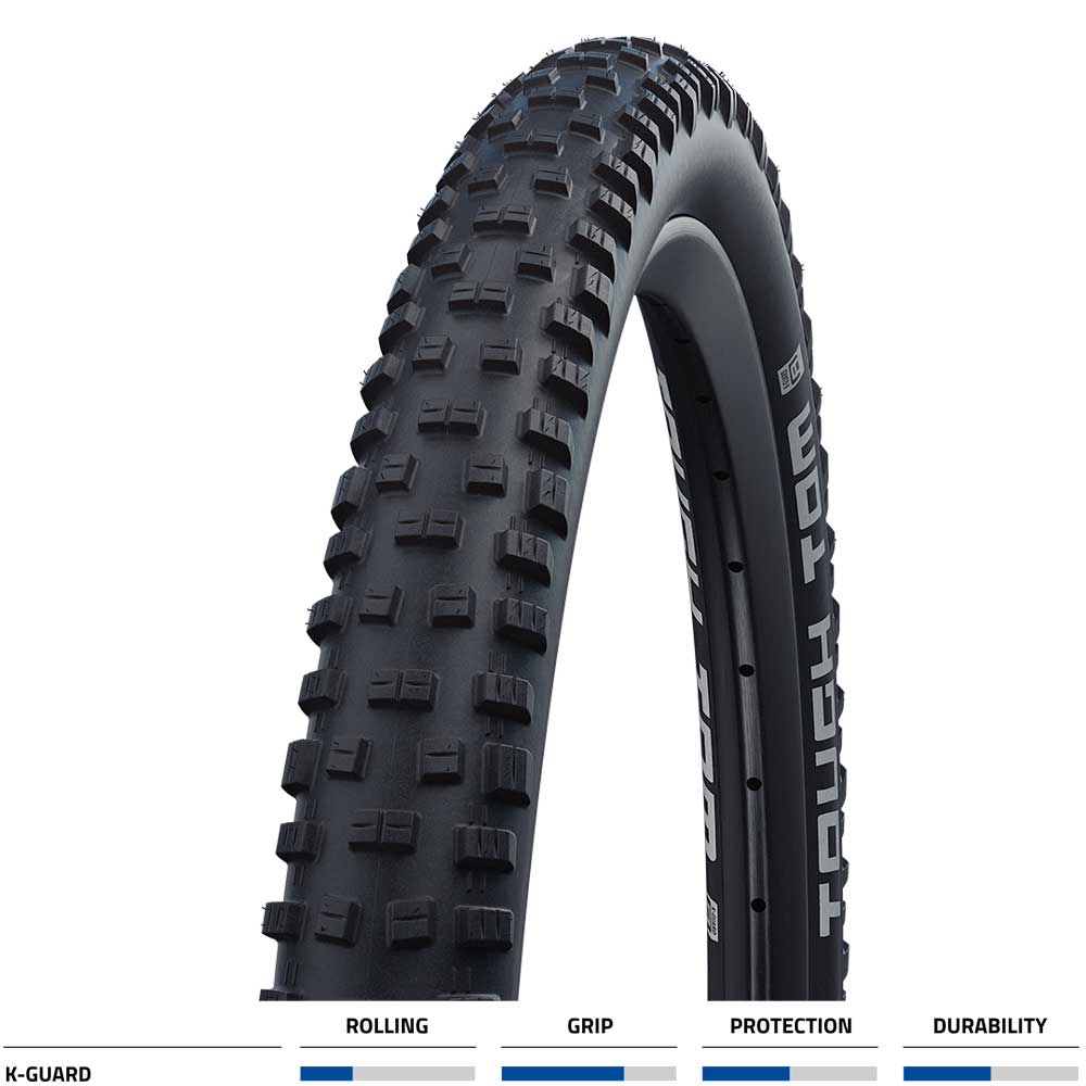 Schwalbe Tough Tom MTB tyre with K-Guard puncture protection, suitable for trail riding, shown mounted on a mountain bike wheel.