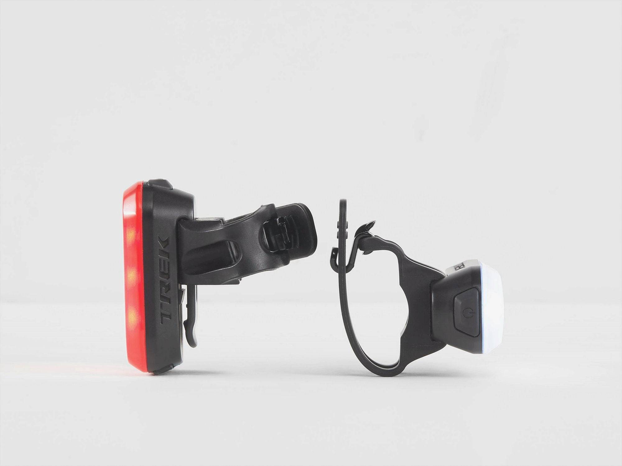 Trek Ion 50 R Flare R Metro USB rechargeable bike light set in black, including front and rear bike lights on a white background.