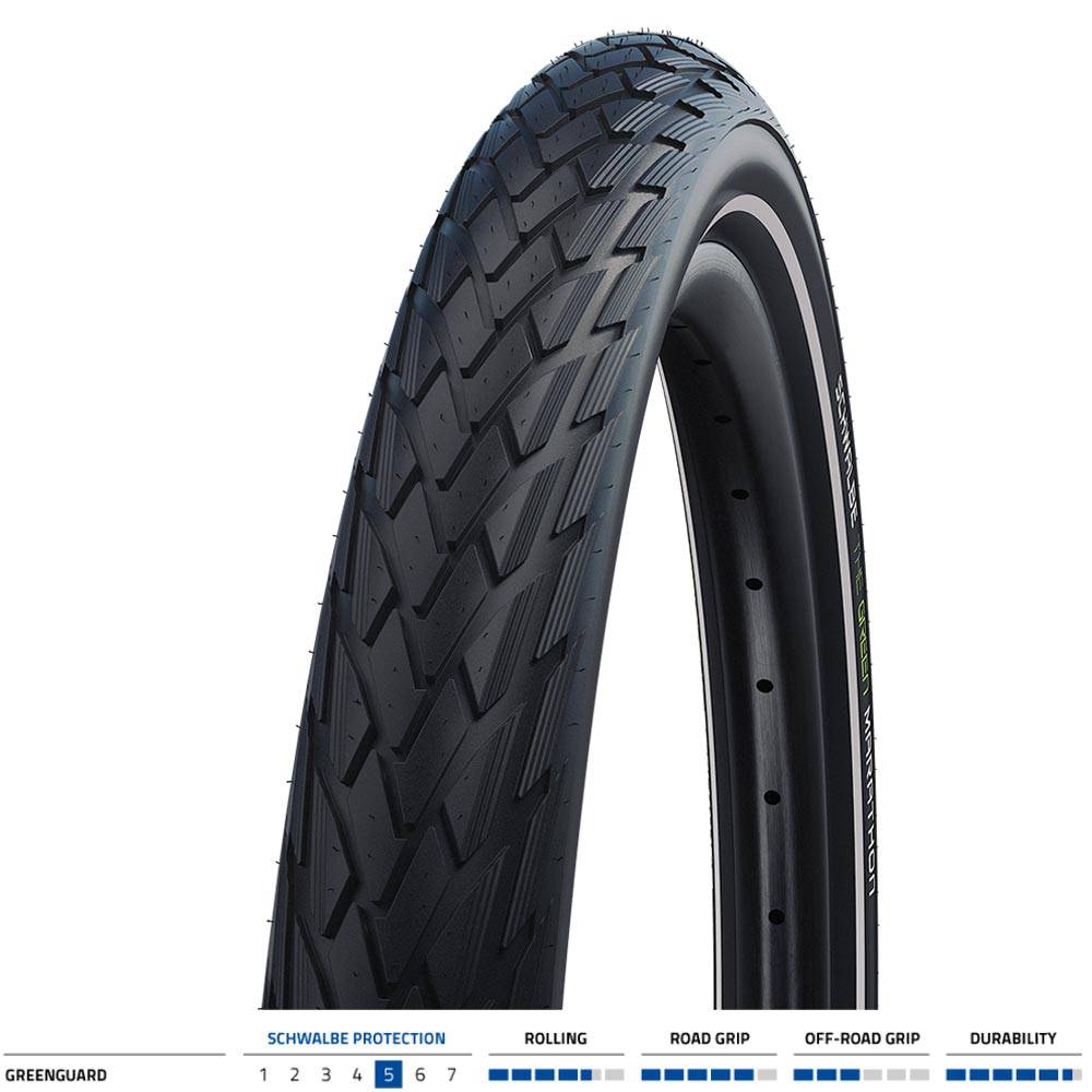 Schwalbe Green Marathon bike tire with puncture protection, eco-friendly design, suitable for bikes and e-bikes, durable components.