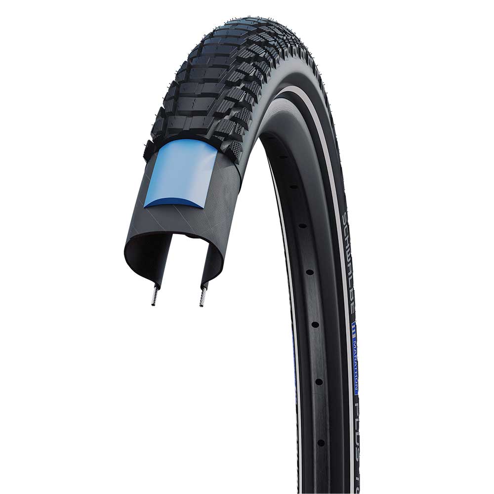 Schwalbe Marathon Plus Evo SmartGuard puncture-resistant e-bike tyre with reflective sidewall, black rubber tread, and sidewall branding.