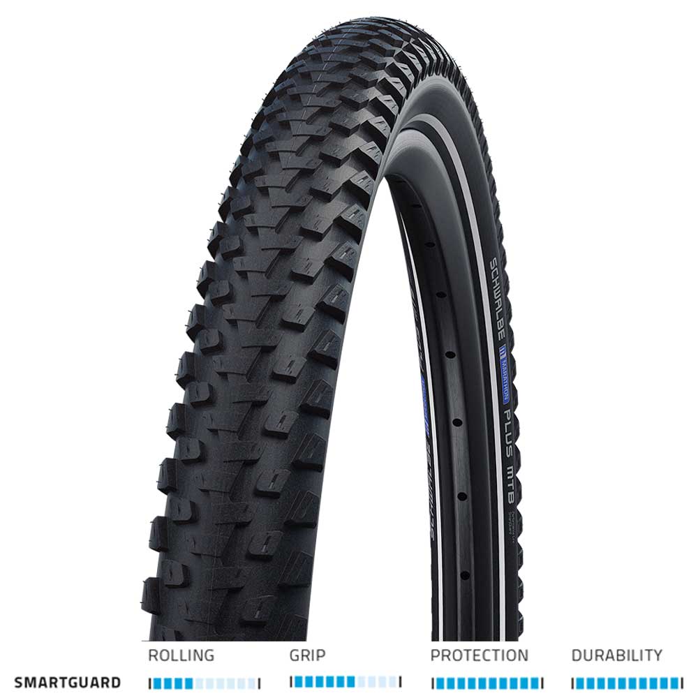 Schwalbe Marathon Plus MTB tire with SmartGuard puncture protection, designed for e-bike ready mountain biking components.