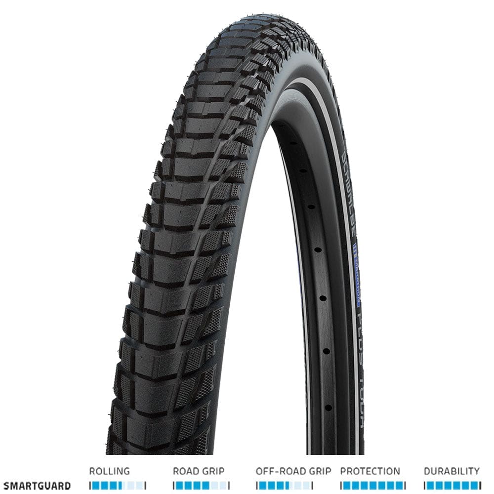 Schwalbe Marathon Plus Tour SmartGuard puncture-resistant e-bike tire with reflective sidewall and robust tread for durability.