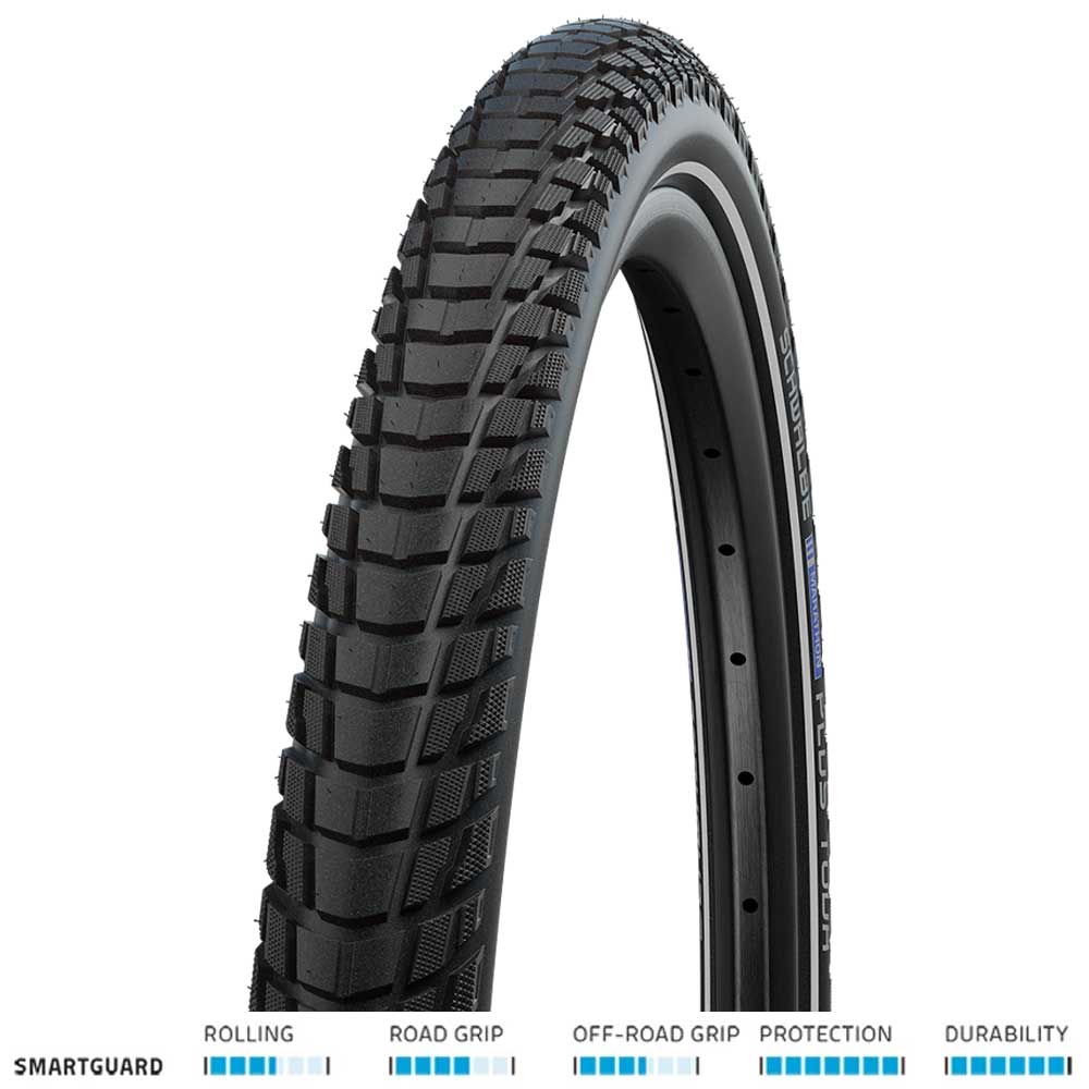 Schwalbe Marathon Plus Tour puncture-resistant touring bike tyre with dualguard protection, suitable for long-distance cycling.