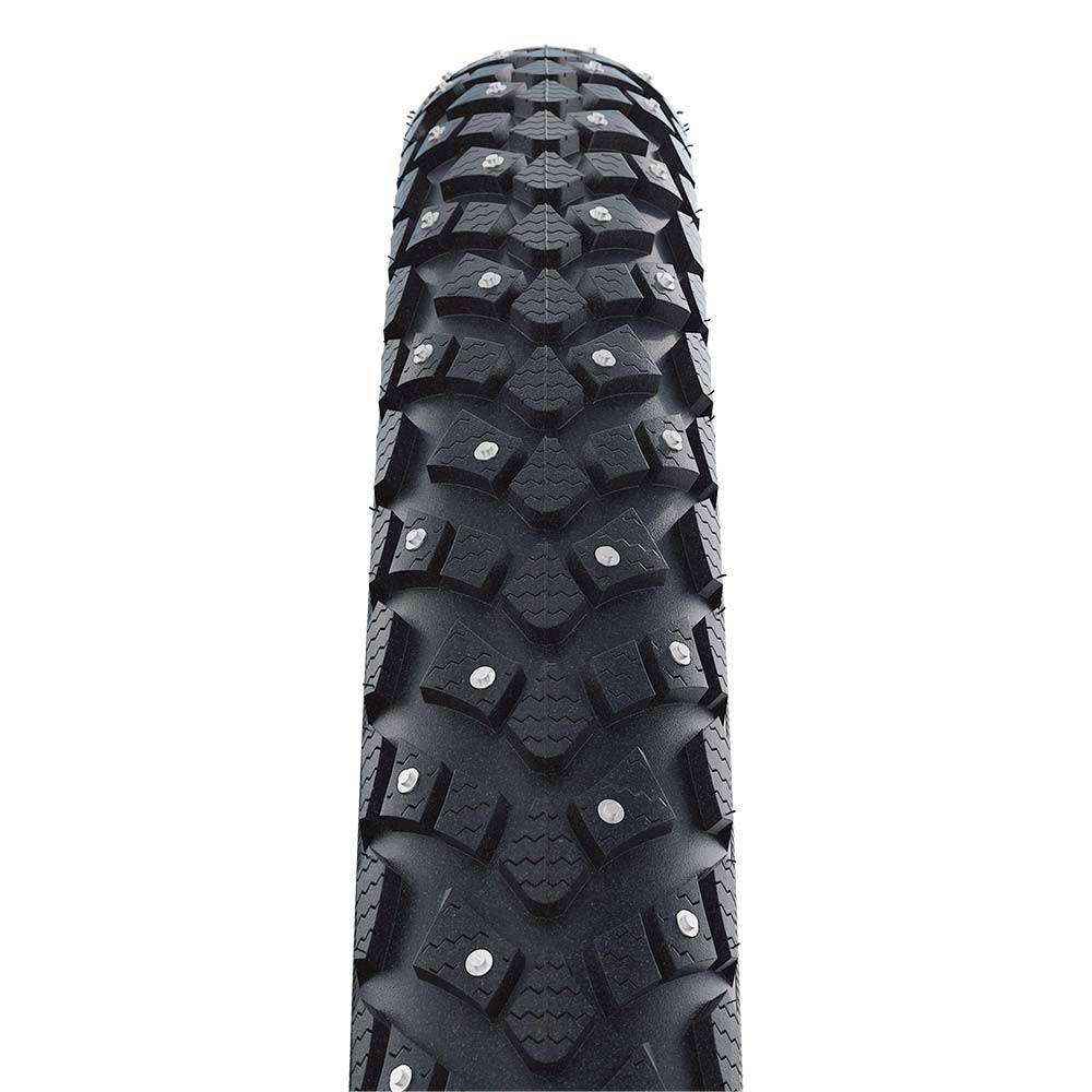 Schwalbe Marathon Winter Raceguard tyre with 168 spikes for icy roads, showing the tread and spike arrangement.