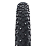 Schwalbe Marathon Winter Raceguard tyre with 168 spikes for icy roads, showing the tread and spike arrangement.