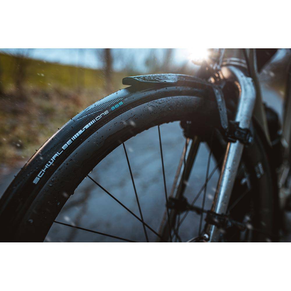 Schwalbe One 365 Performance Raceguard folding road bike tyre with reflective strip, all-season component for cycling performance.