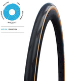 Schwalbe Pro One Evo Super Race folding tubeless road bike tyre with easy tube type, mounted on a wheel for racing performance.