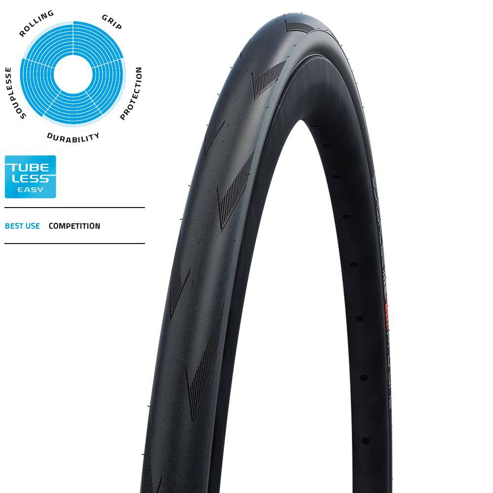 Schwalbe Pro One Evo Super Race folding tubeless road tire with sleek tread pattern and sidewall branding.
