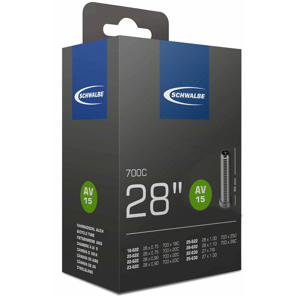 Schwalbe AV bicycle inner tube with Schrader valve, leak-tested, durable, recyclable, component for bike tires.