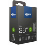 Schwalbe AV bicycle inner tube with Schrader valve, leak-tested, durable, recyclable, component for bike tires.