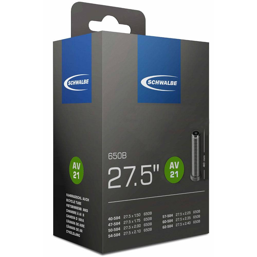 Schwalbe AV inner tube with Schrader valve, leak-tested, durable, recyclable bicycle component for reliable performance.