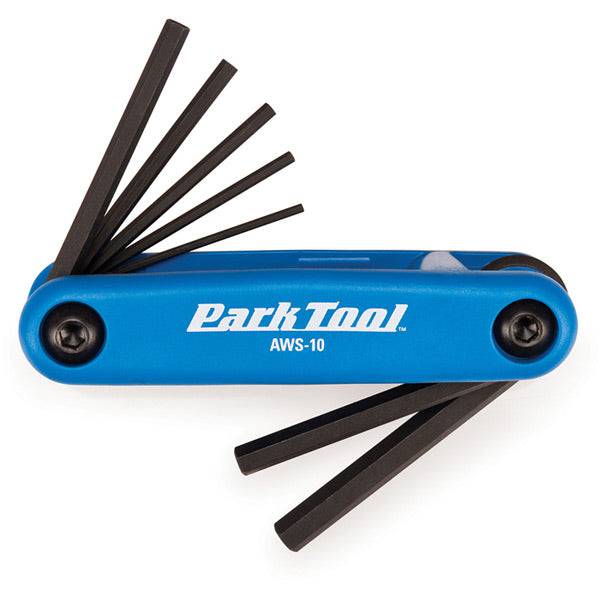 Park Tool AWS-10 fold-up metric hex wrench set shown with compact, durable workshop tool kit and organized hex wrenches.