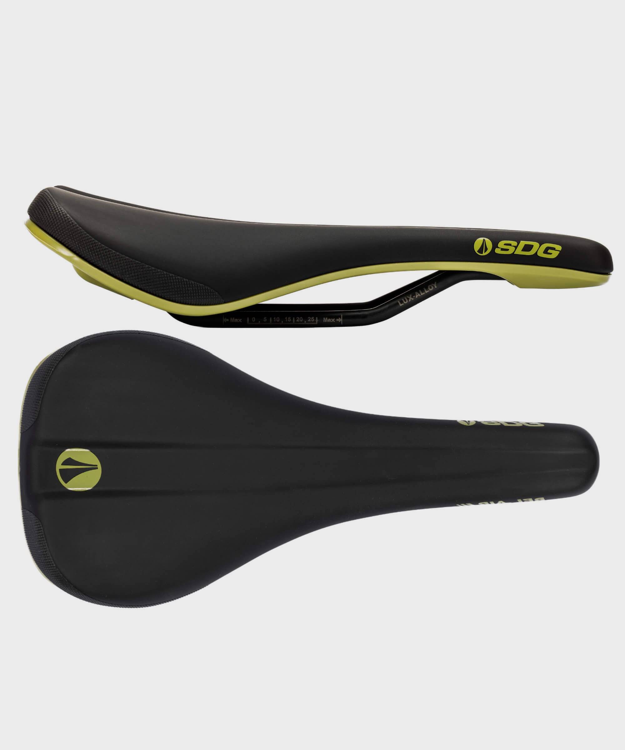 SDG Bel Air V3 Lux-Alloy bike saddle in black olive, designed for enduro, trail, and XC mountain biking components.