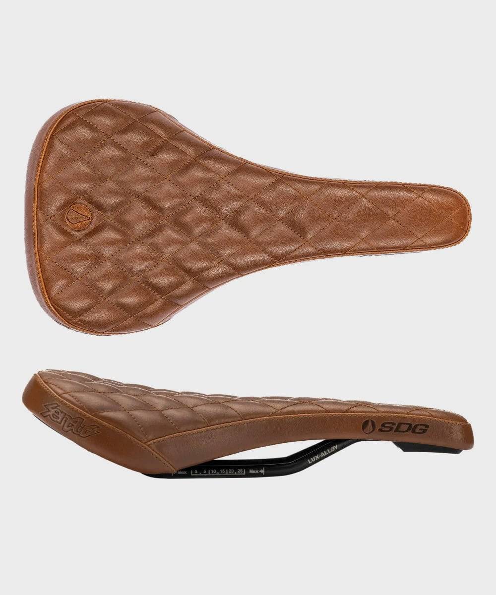 SDG Bel Air V3 Lux-Alloy MTB saddle featuring Sensus diamond stitching and ergonomic design for mountain biking comfort.