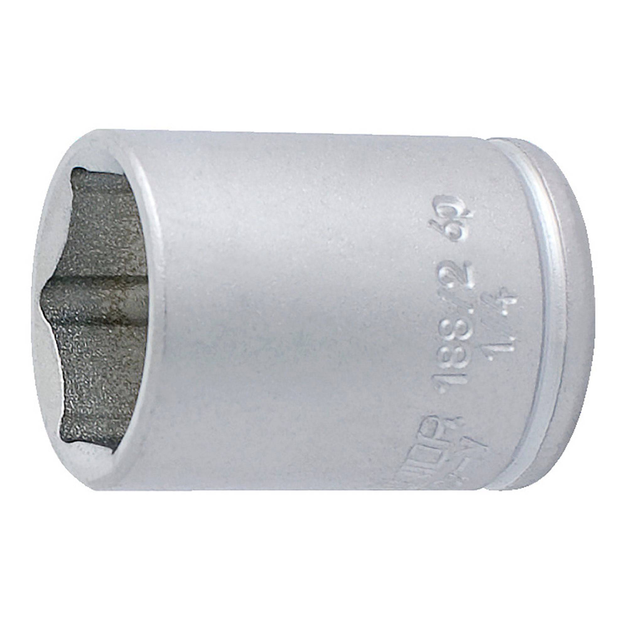 UNIOR 1/4-inch chrome vanadium steel workshop socket, ISO standard, durable tool for automotive and mechanical tasks.