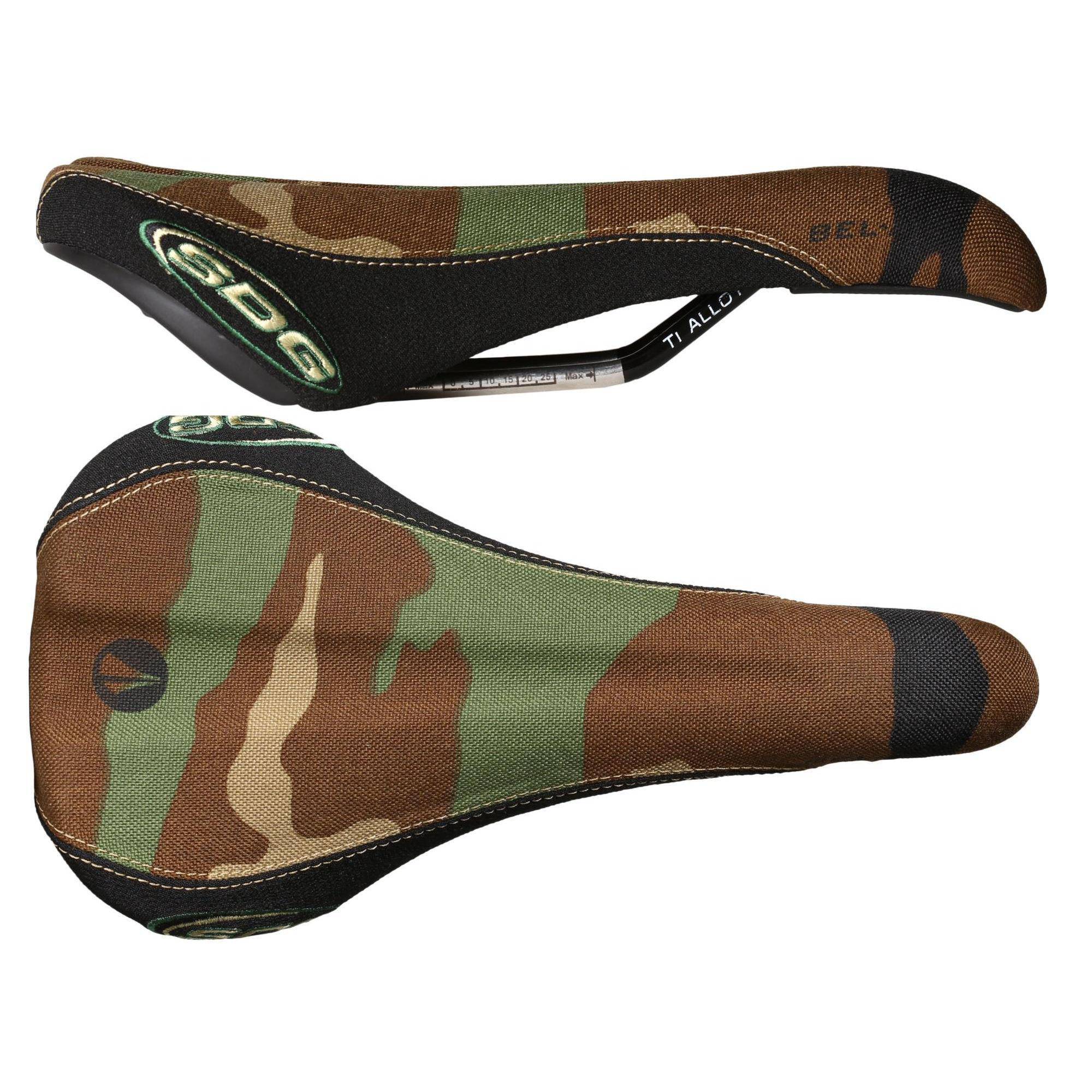 SDG Bel Air titanium alloy rail bike saddle for MTB, cyclocross, and road bikes, showing its sleek design and titanium rails.