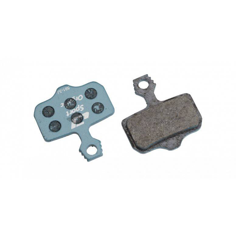 Jagwire Sport Organic Disc Brake Pads for SRAM AXS Road and Avid Blue Sport bikes, showing the brake pads with packaging.