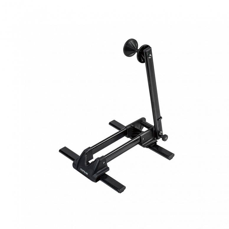 Topeak Line Up II black folding bike stand with locking mechanism for 20-29 inch wheels, designed for bicycle accessories.
