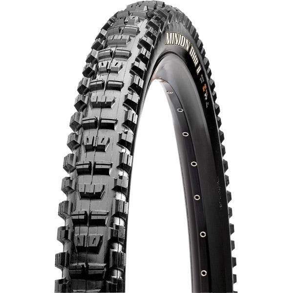 Maxxis Minion DHR II downhill tubeless-ready mountain bike tire with wide trail technology, showing tread pattern and sidewall details.