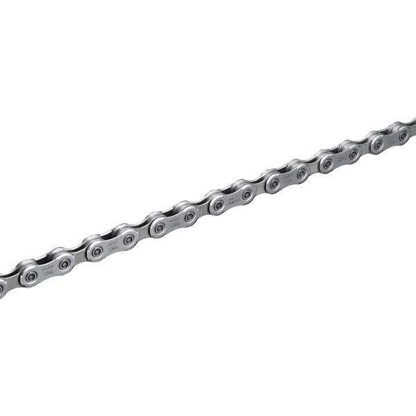Shimano SLX/105 12-speed bike chain with quick link, 126 links, showing the silver metal links and branded packaging.