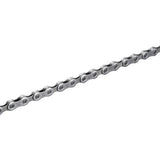 Shimano SLX/105 12-speed bike chain with quick link, 126 links, showing the silver metal links and branded packaging.