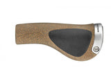 Ergon GP1 Biokork bike grips with ergonomic design and eco-friendly cork material, shown on a bicycle handlebar.