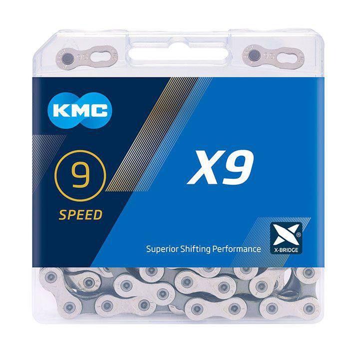 KMC X9 9-speed silver bike chain with 122 links, durable and compatible for mountain and road bikes.