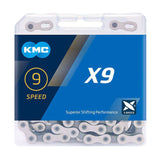 KMC X9 9-speed silver bike chain with 122 links, durable and compatible for mountain and road bikes.