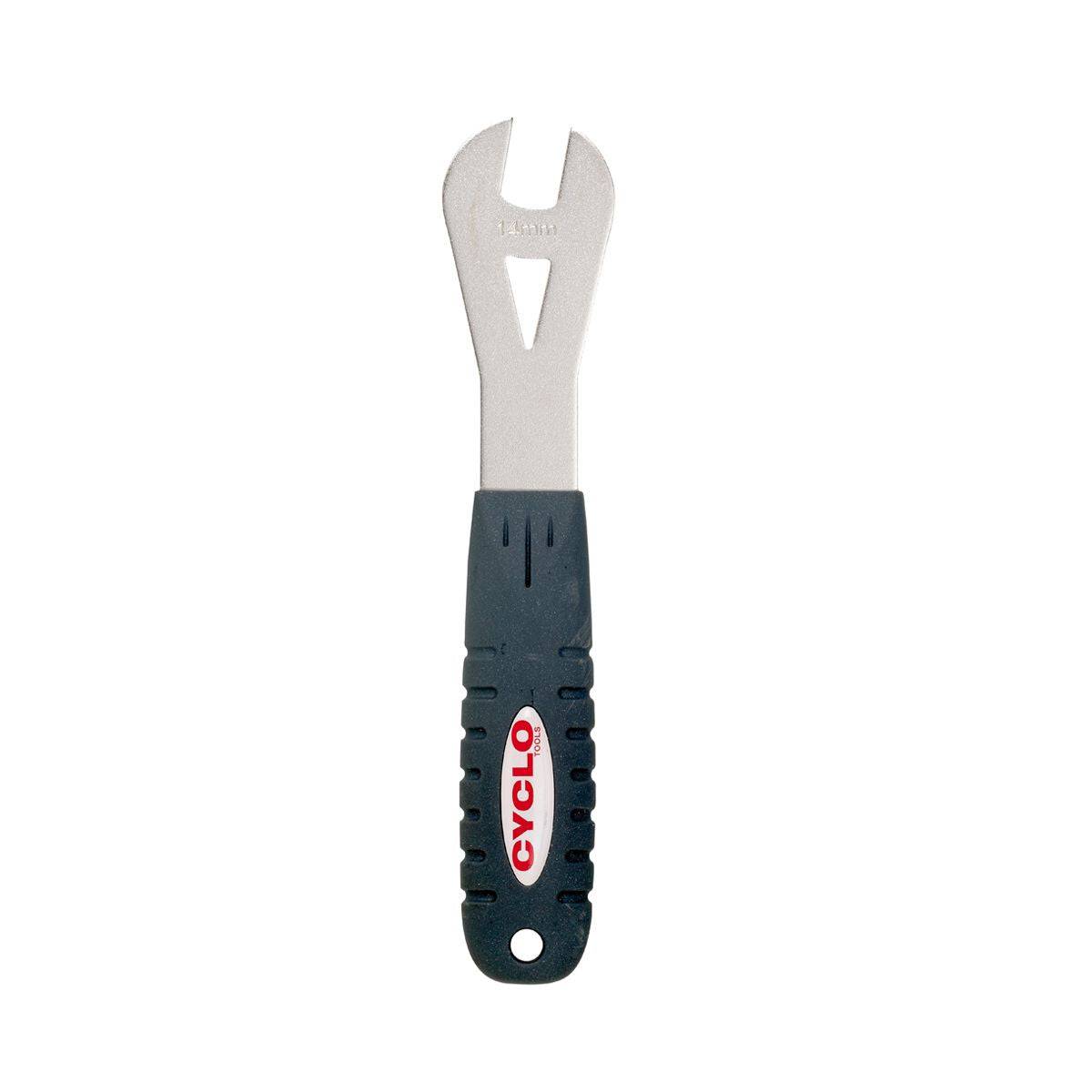 Cyclo Tools 14mm cone spanner for bicycle wheel maintenance, showing a durable workshop tool with a metal handle and open-ended design.