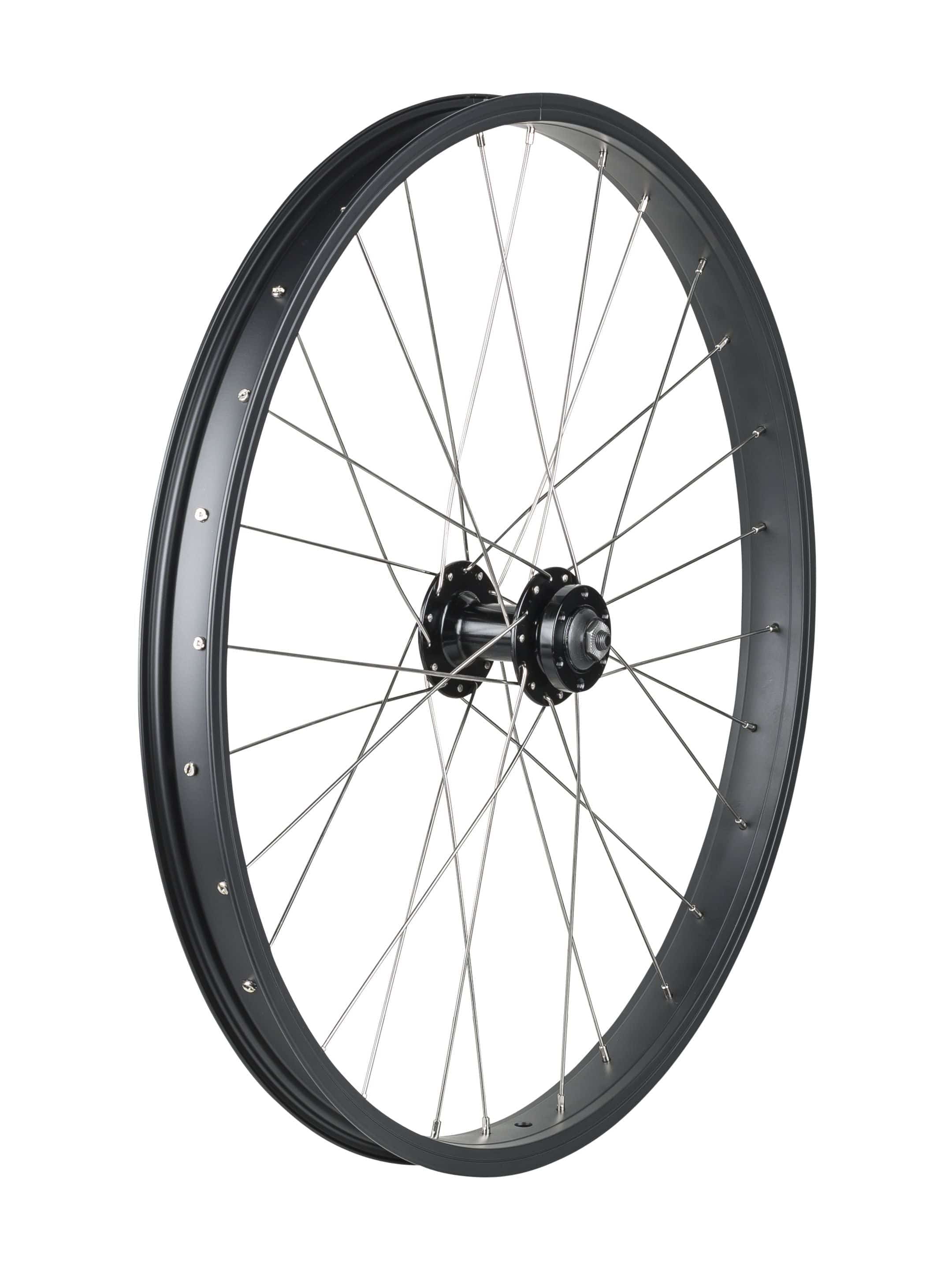 Trek Kids 24-inch mountain bike wheels with 28 holes and 6-bolt disc brake compatibility, showcasing the durable wheel rims and spokes.