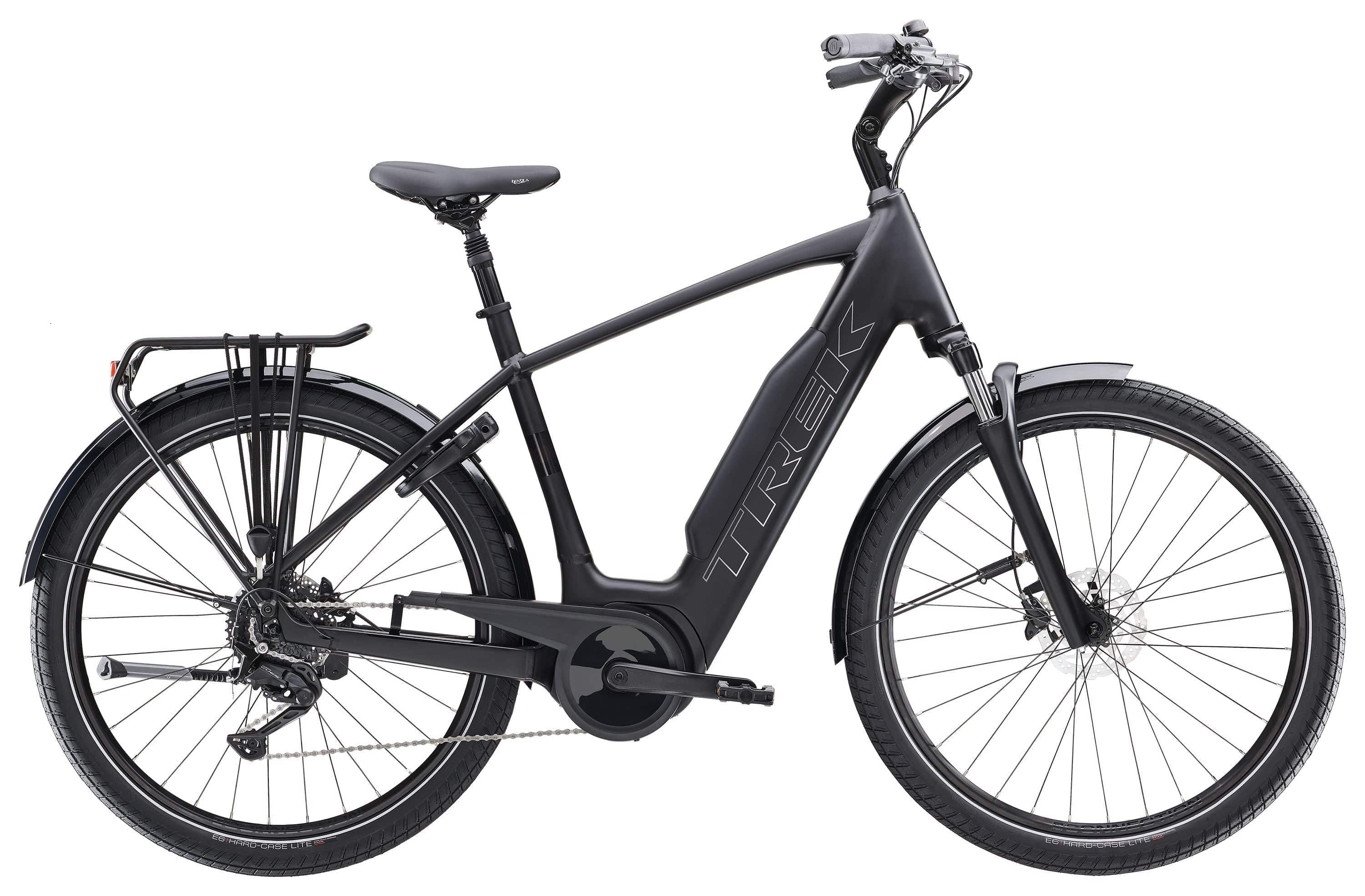 Trek Verve+ 3 electric hybrid bike with Bosch pedal-assist, featuring a sleek frame and smart connectivity, shown outdoors.