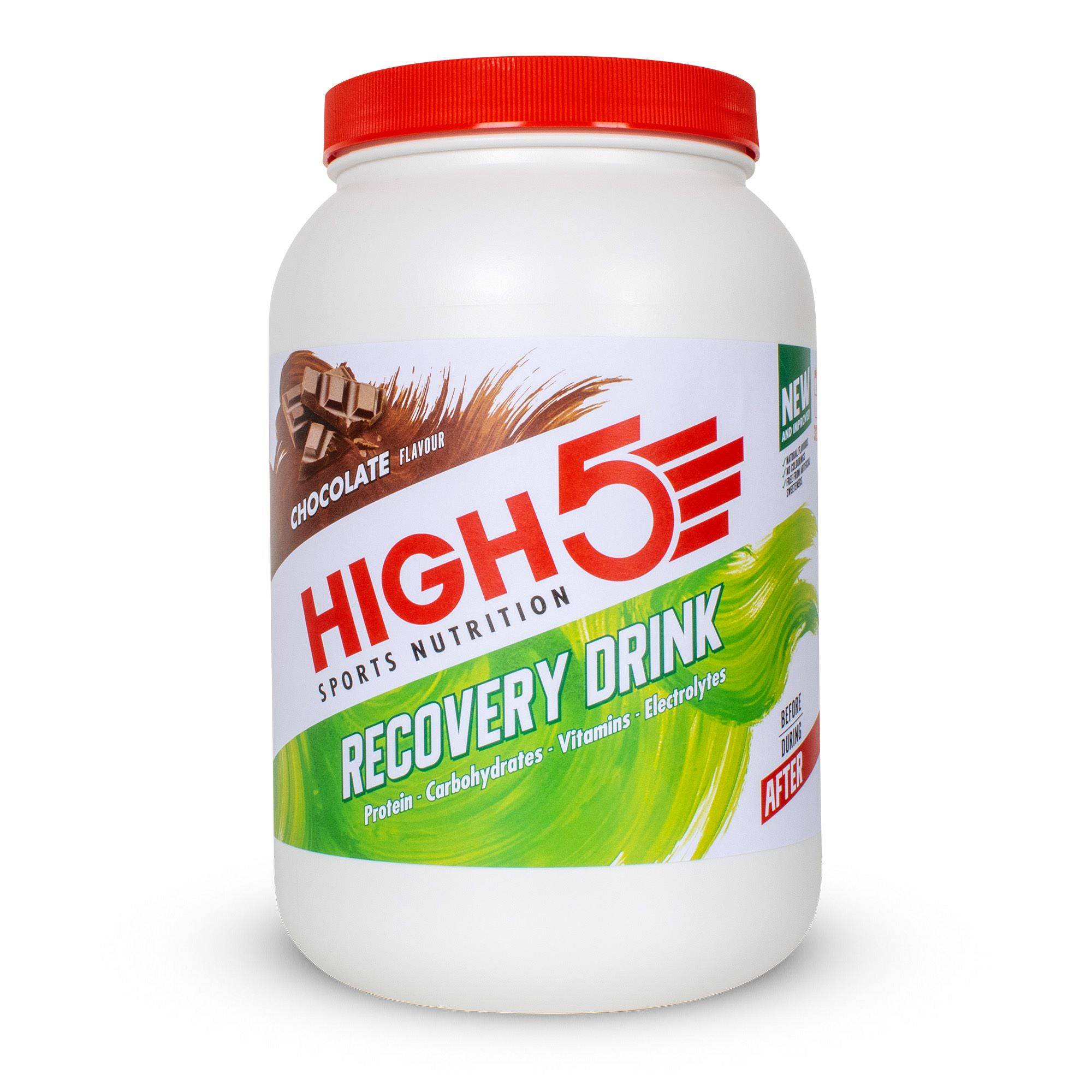 High5 Recovery Drink tub 1.6kg, post-workout supplement for muscle repair and hydration, with orange flavor and scoop included.