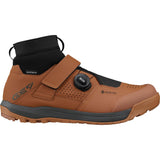 Shimano GE9 GORE-TEX mountain bike shoes with BOA Fit System, black waterproof footwear with rugged sole and secure lacing.