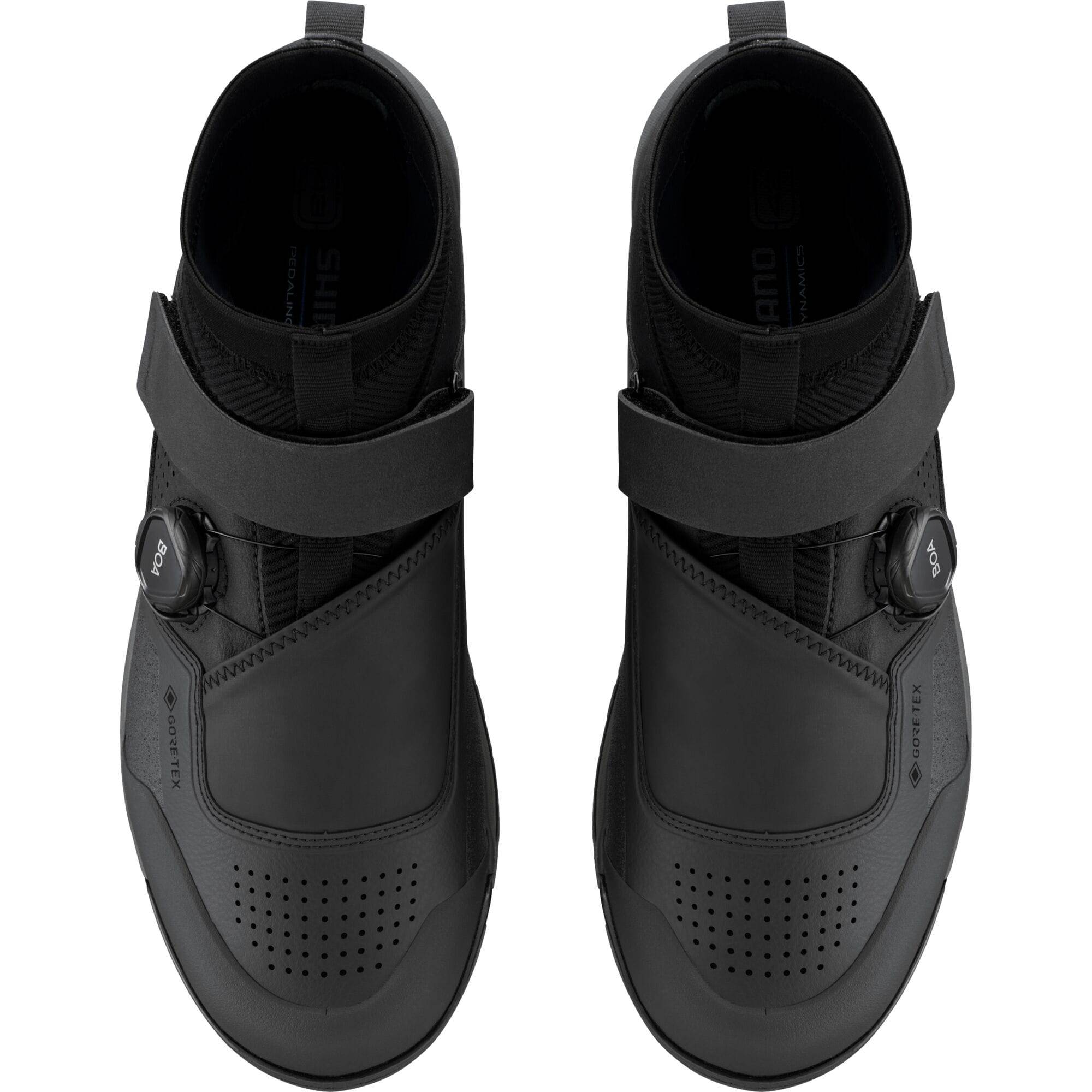 Shimano GE9 GORE-TEX mountain bike shoes with BOA Fit System, showing the waterproof design and sporty cycling footwear style.