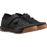 Shimano GE9 mountain bike shoes with BOA Fit System and SPD cleats, black and gray design, close-up view.