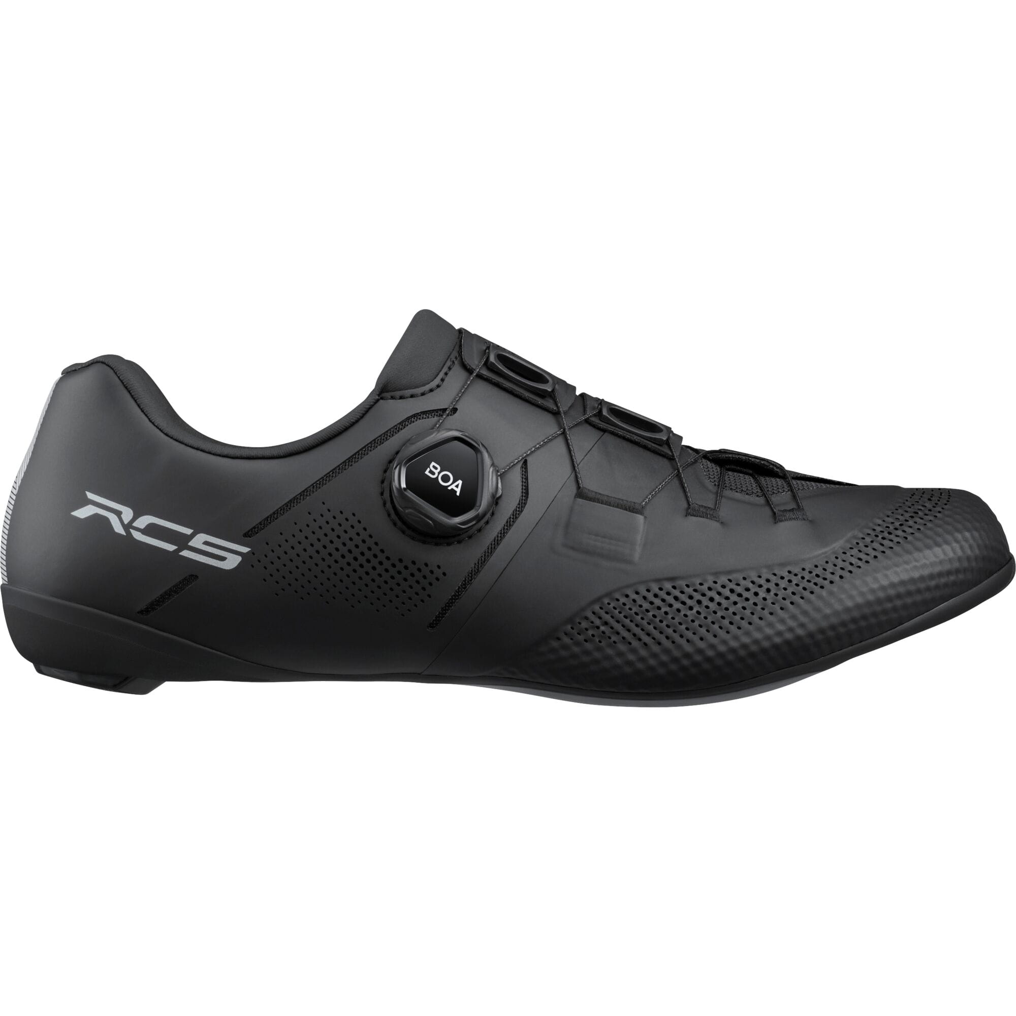 Shimano RC5 Road Cycling Shoes with BOA Fit System and carbon midsole, featuring sleek black design and secure closure system.