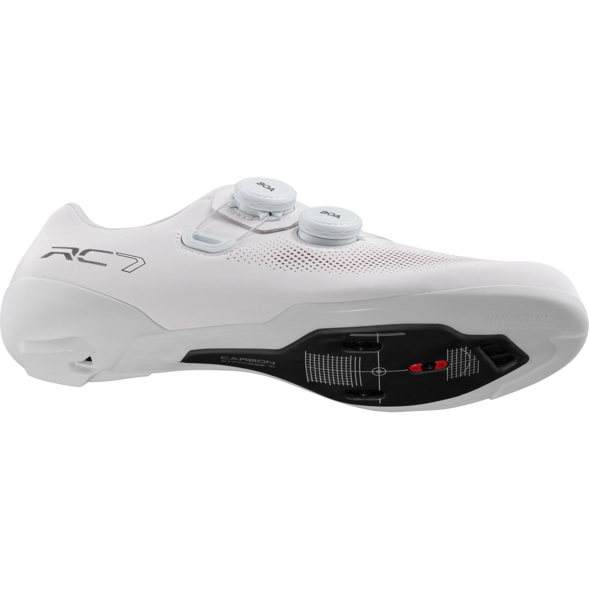 Shimano RC7W women's road cycling shoes with BOA fit system and carbon midsole, shown from the sole view.