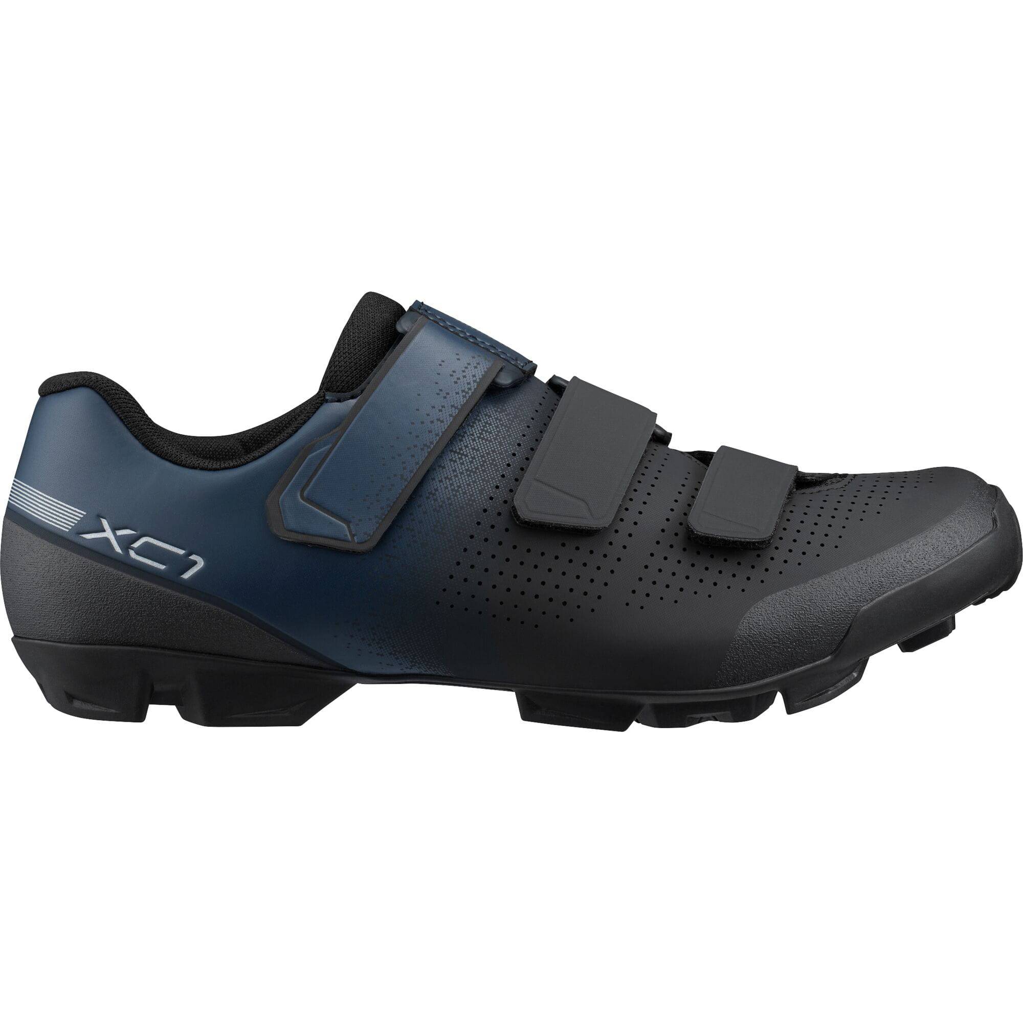 Shimano XC1W women's mountain bike shoes with SPD compatibility and hook-and-loop straps, shown in black with textured soles.