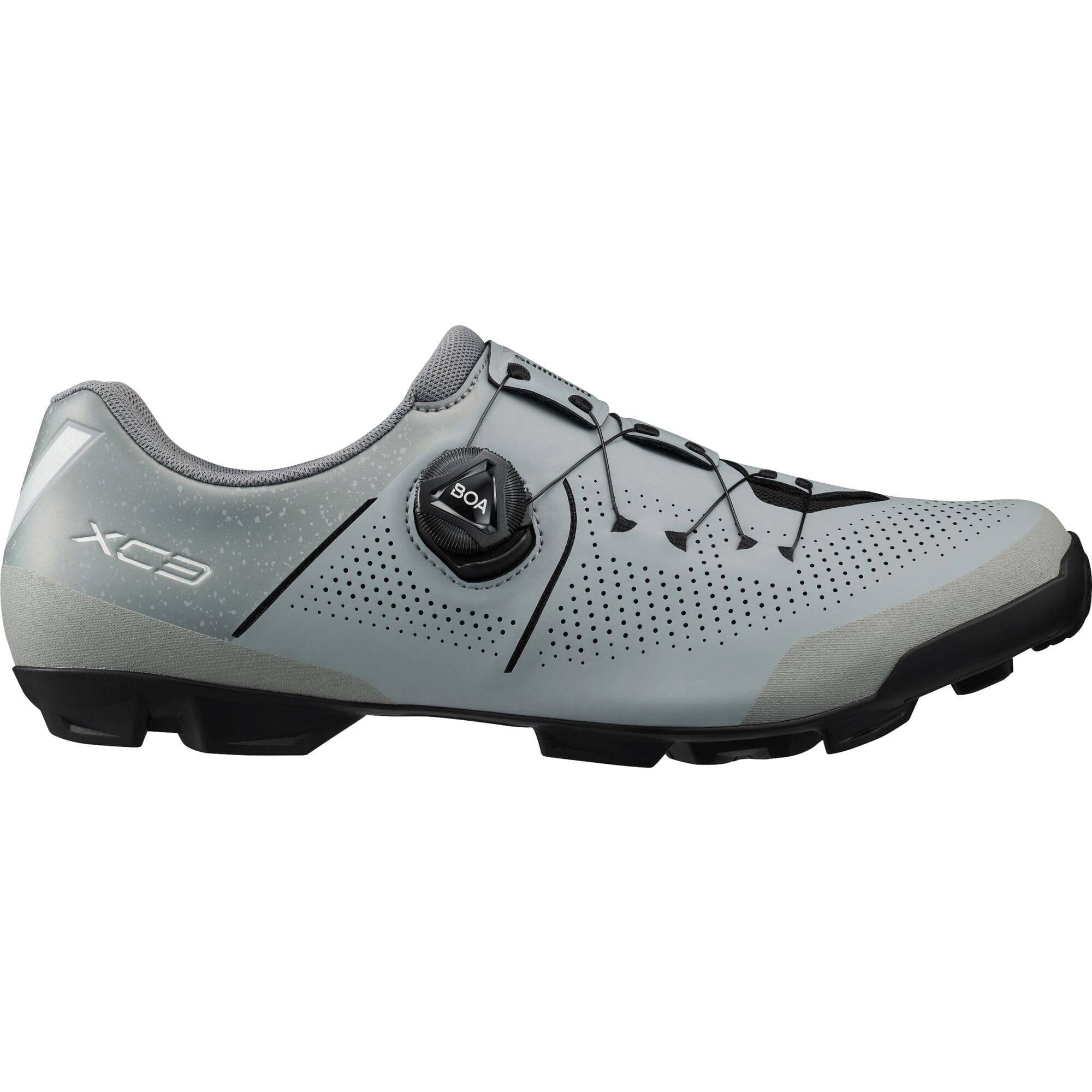 Shimano XC3 mountain bike shoes with BOA Fit System and SPD compatibility, shown from the front with black and gray design.